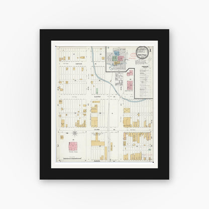 Old map wall art mockup — black gallery frame with white mat — Sanborn Fire Insurance Map from Grand Rapids, Itasca County, Minnesota (1897), Sheet #0001