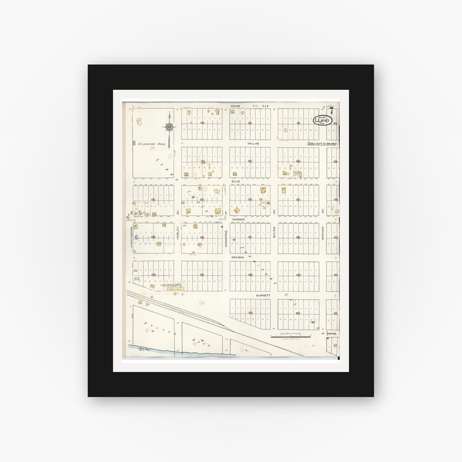 Old map wall art mockup — black gallery frame with white mat — Sanborn Fire Insurance Map from Llano, Llano County, Texas (1942), Sheet #0007