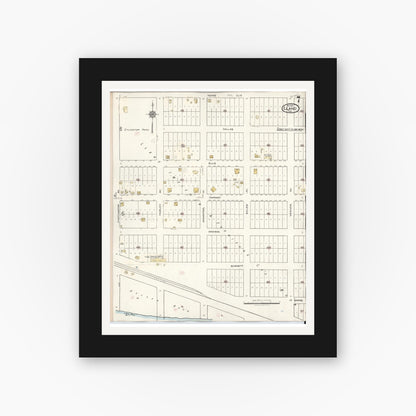 Old map wall art mockup — black gallery frame with white mat — Sanborn Fire Insurance Map from Llano, Llano County, Texas (1942), Sheet #0007