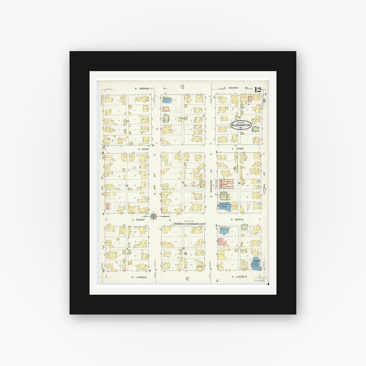 Old map wall art mockup — black gallery frame with white mat — Sanborn Fire Insurance Map from Bloomington, Monroe County, Indiana (1913), Sheet #0012