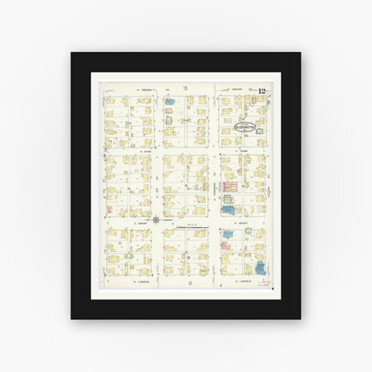 Old map wall art mockup — black gallery frame with white mat — Sanborn Fire Insurance Map from Bloomington, Monroe County, Indiana (1913), Sheet #0012