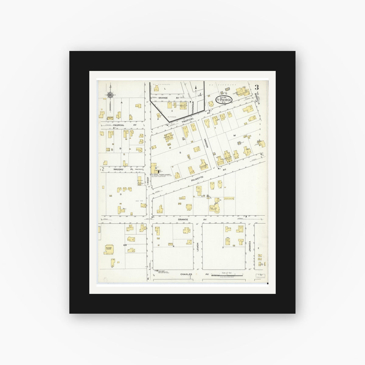 Old map wall art mockup — black gallery frame with white mat — Sanborn Fire Insurance Map from Fort Pierce, St Lucie County, Florida (1918), Sheet #0003