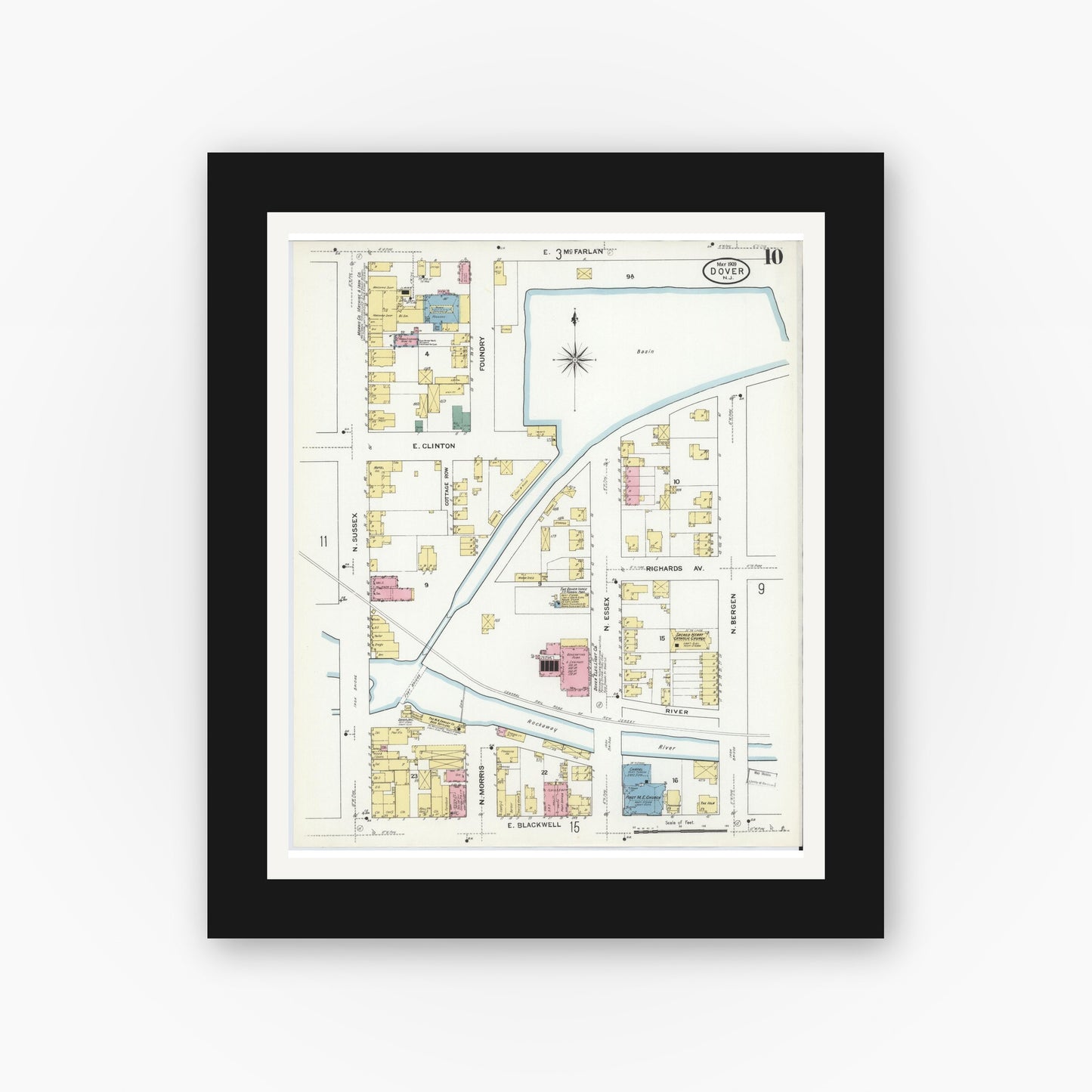 Old map wall art mockup — black gallery frame with white mat — Sanborn Fire Insurance Map from Dover, Morris County, New Jersey (1909), Sheet #0010