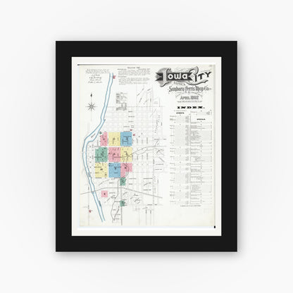 Old map wall art mockup — black gallery frame with white mat — Sanborn Fire Insurance Map from Iowa City, Johnson County, Iowa (1892) â€” Complete Set