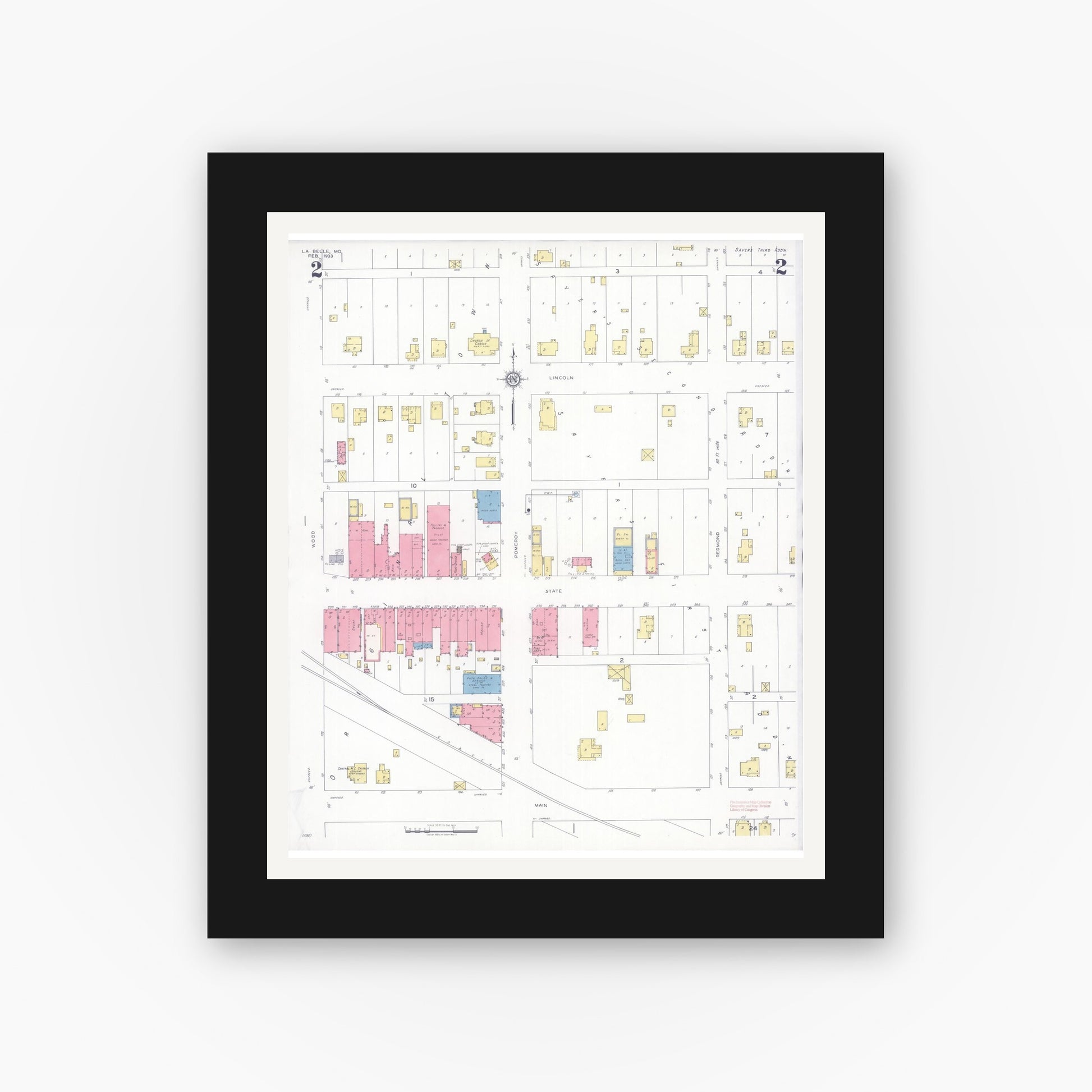 Old map wall art mockup — black gallery frame with white mat — Sanborn Fire Insurance Map from La Belle, Lewis County, Missouri (1933), Sheet #0002