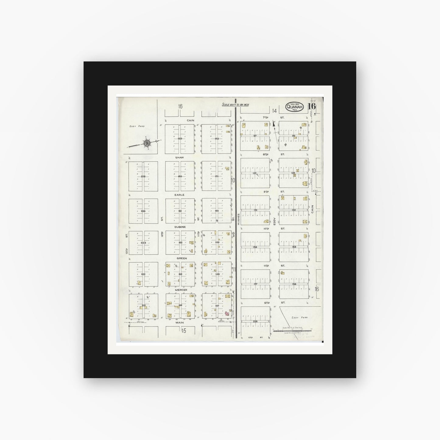Old map wall art mockup — black gallery frame with white mat — Sanborn Fire Insurance Map from Quanah, Hardeman County, Texas (1921), Sheet #0016