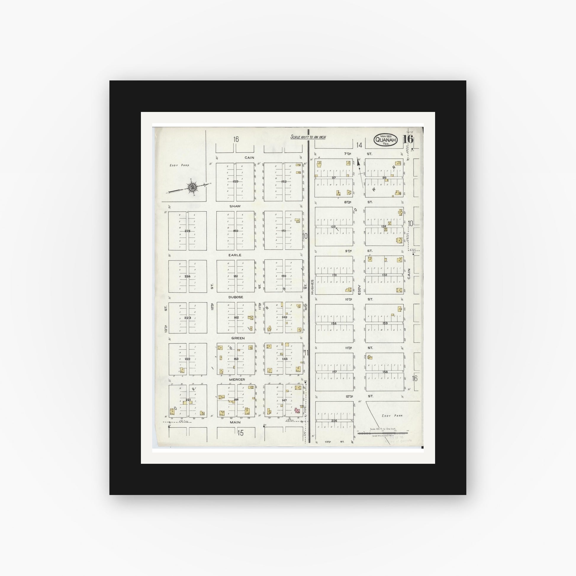 Old map wall art mockup — black gallery frame with white mat — Sanborn Fire Insurance Map from Quanah, Hardeman County, Texas (1921), Sheet #0016