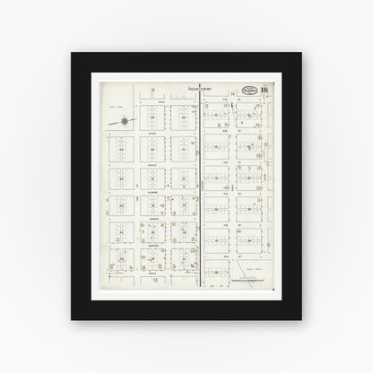 Old map wall art mockup — black gallery frame with white mat — Sanborn Fire Insurance Map from Quanah, Hardeman County, Texas (1921), Sheet #0016
