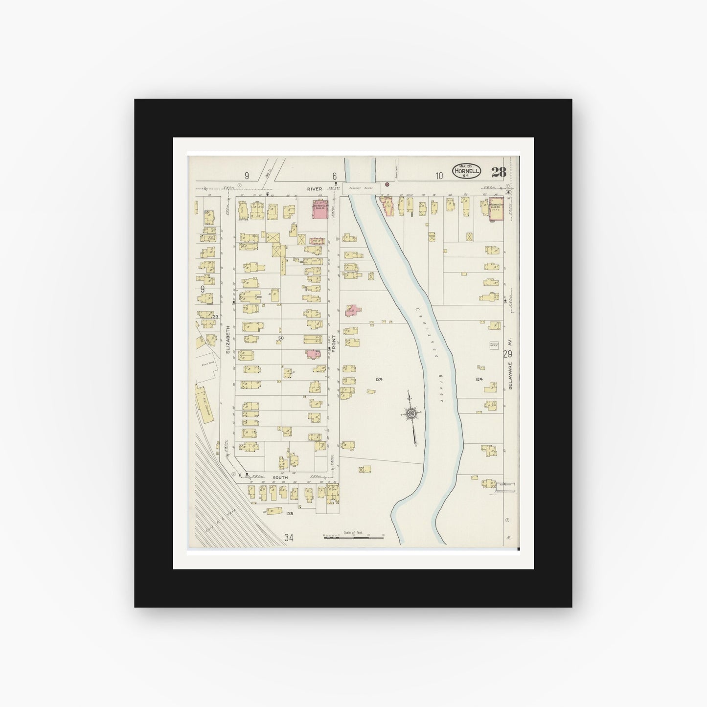 Old map wall art mockup — black gallery frame with white mat — Sanborn Fire Insurance Map from Hornell, Steuben County, New York (1915), Sheet #0028