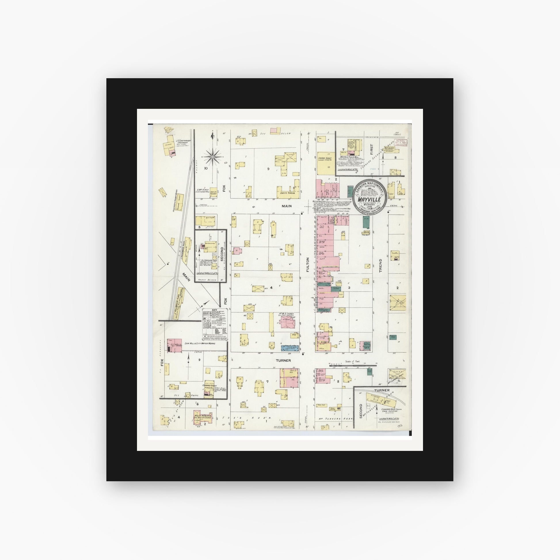Old map wall art mockup — black gallery frame with white mat — Sanborn Fire Insurance Map from Mayville, Tuscola County, Michigan (1909), Sheet #0001