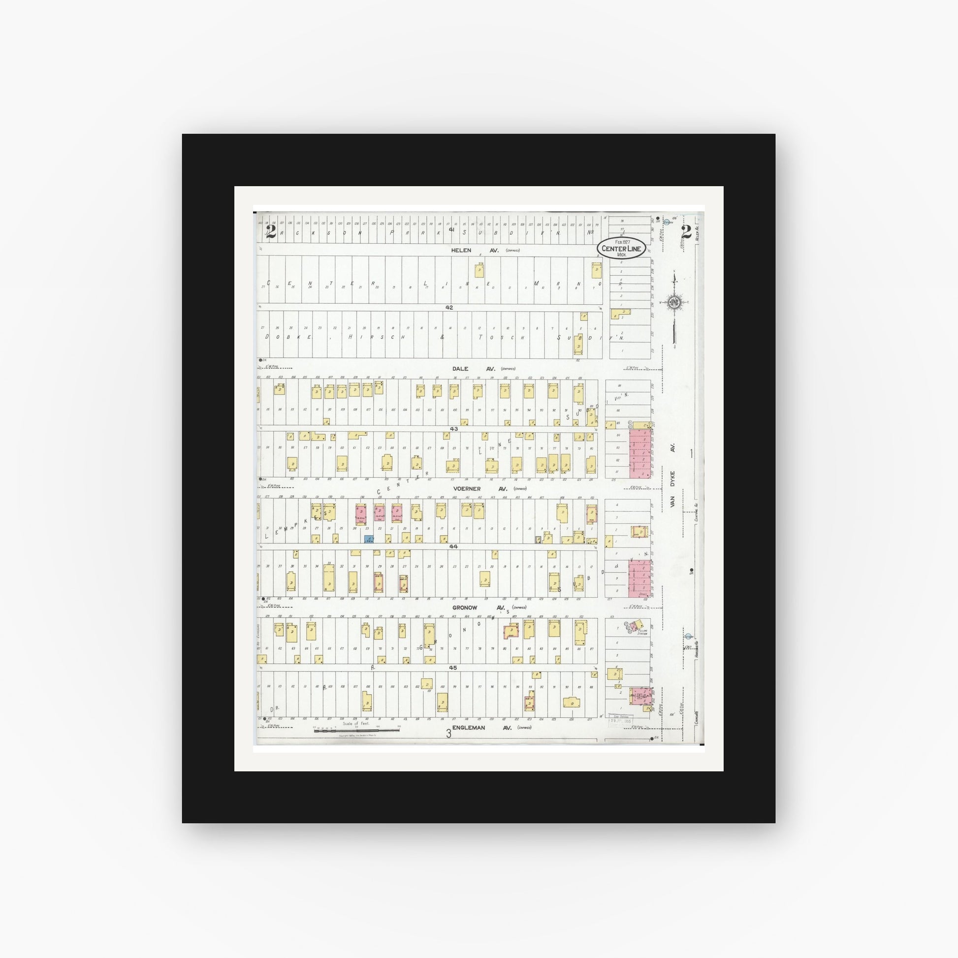 Old map wall art mockup — black gallery frame with white mat — Sanborn Fire Insurance Map from Center Line, Macomb County, Michigan (1927), Sheet #0002