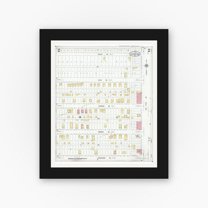 Old map wall art mockup — black gallery frame with white mat — Sanborn Fire Insurance Map from Center Line, Macomb County, Michigan (1927), Sheet #0002