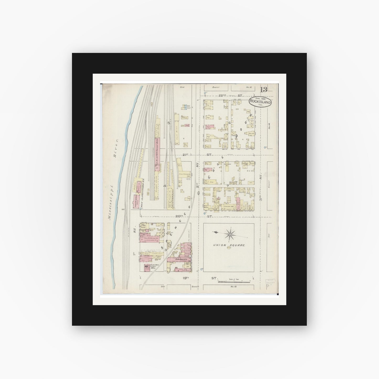 Old map wall art mockup — black gallery frame with white mat — Sanborn Fire Insurance Map from Rock Island, Rock Island County, Illinois (1886), Sheet #0013