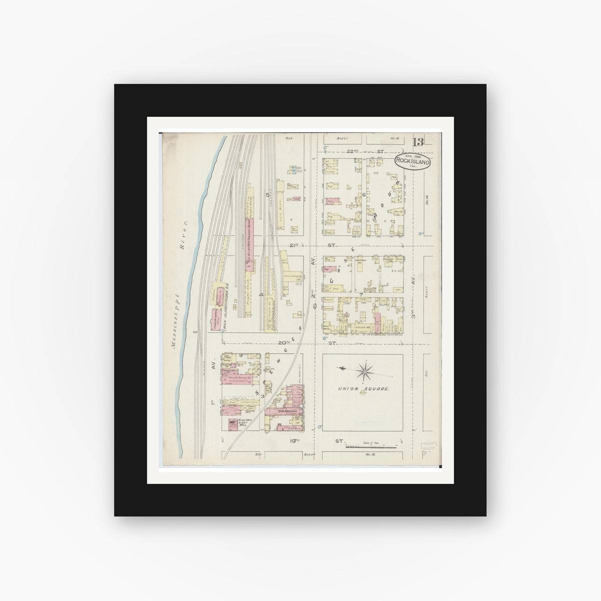 Old map wall art mockup — black gallery frame with white mat — Sanborn Fire Insurance Map from Rock Island, Rock Island County, Illinois (1886), Sheet #0013