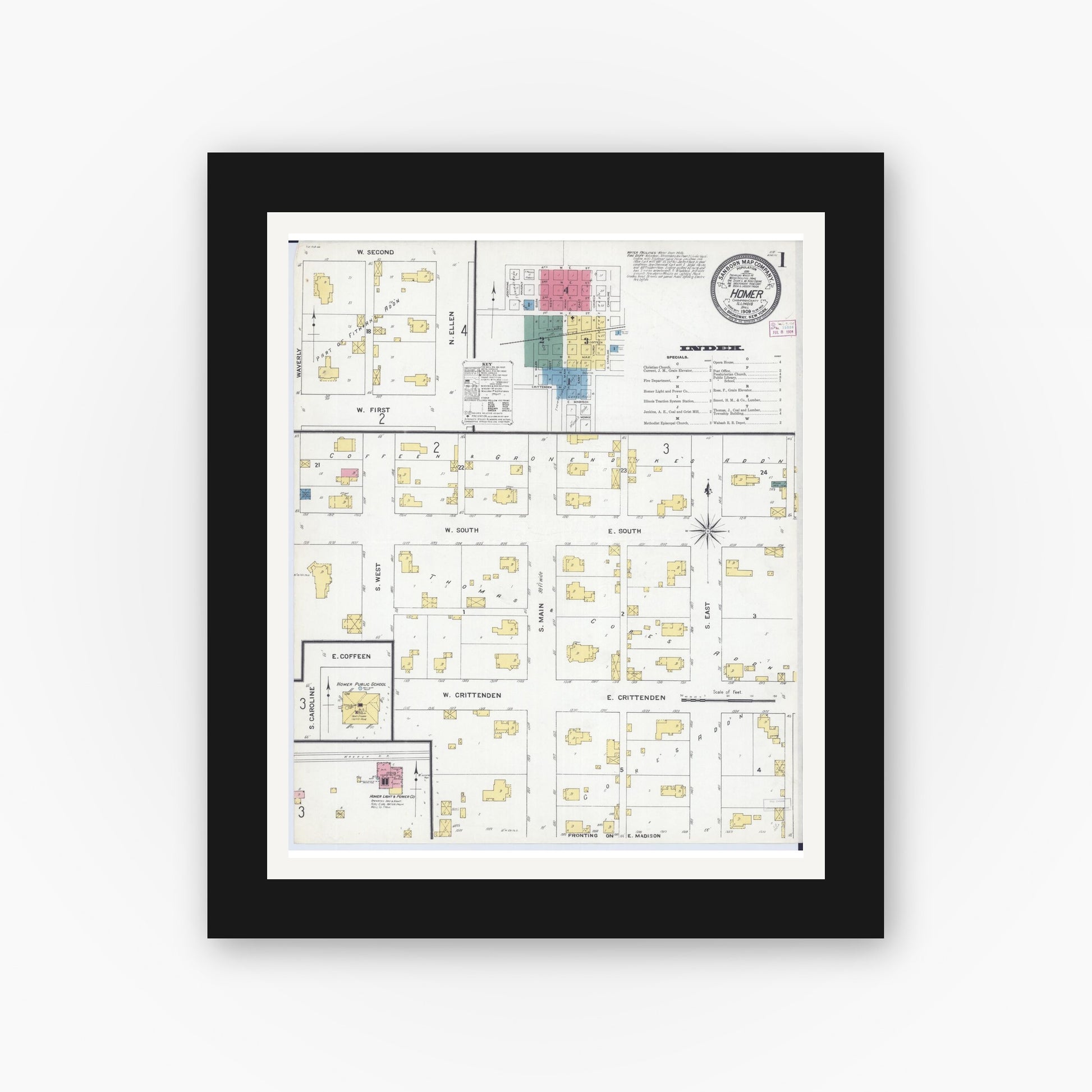 Old map wall art mockup — black gallery frame with white mat — Sanborn Fire Insurance Map from Homer, Champaign County, Illinois (1909), Sheet #0001