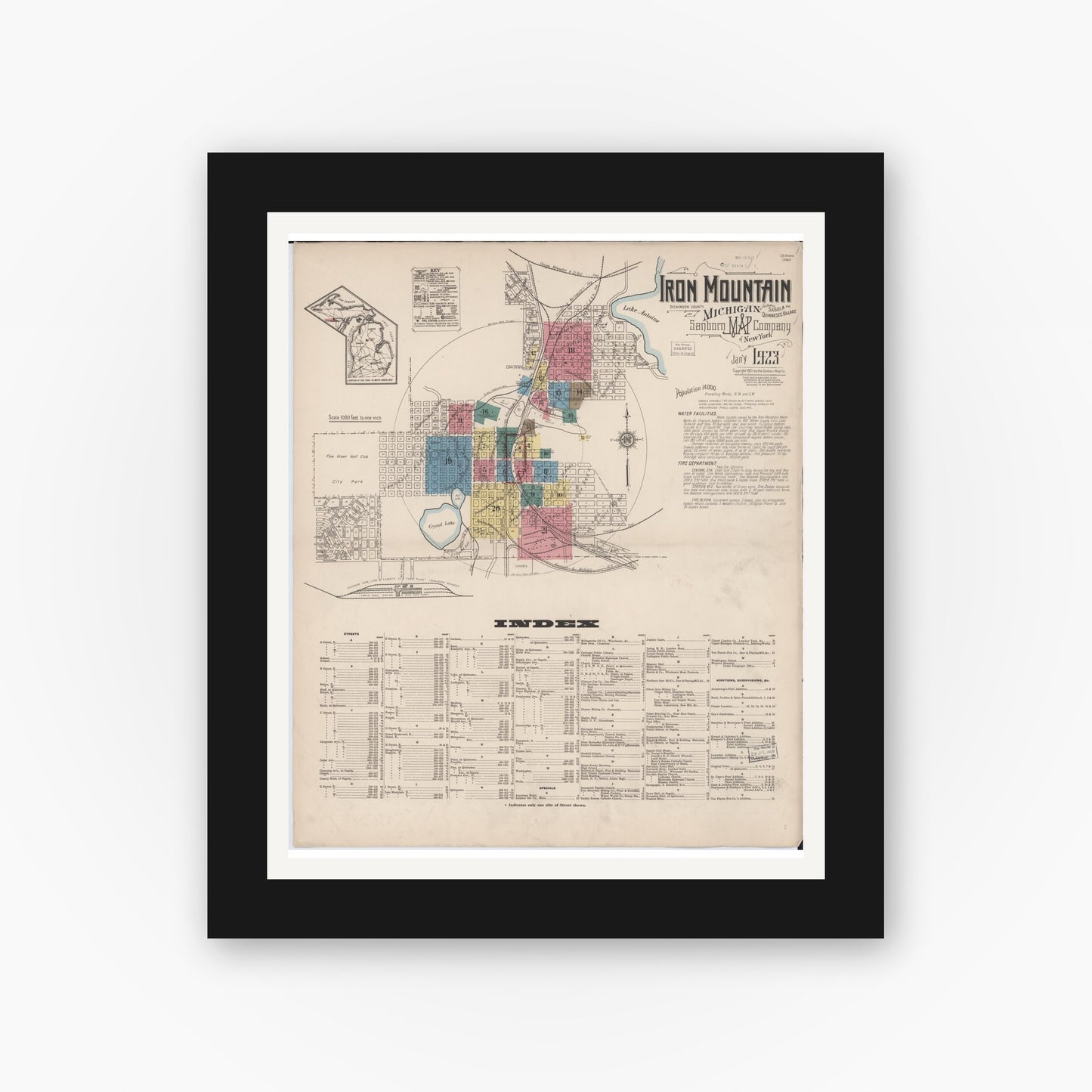 Old map wall art mockup — black gallery frame with white mat — Sanborn Fire Insurance Map from Iron Mountain, Dickinson County, Michigan (1923), Sheet #0001