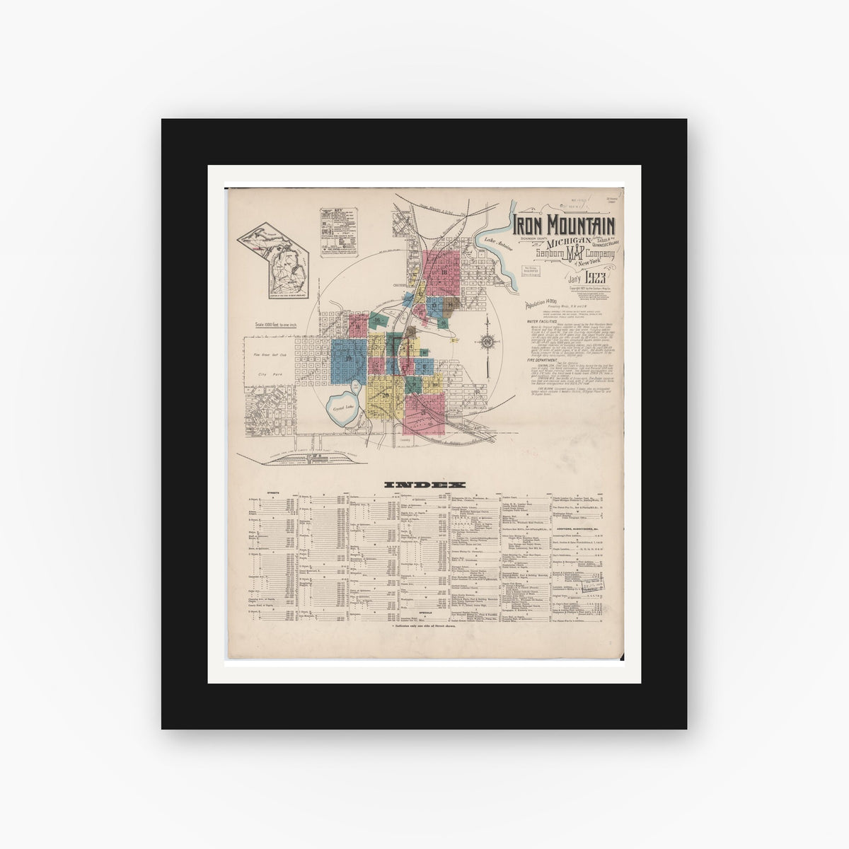 Old map wall art mockup — black gallery frame with white mat — Sanborn Fire Insurance Map from Iron Mountain, Dickinson County, Michigan (1923), Sheet #0001