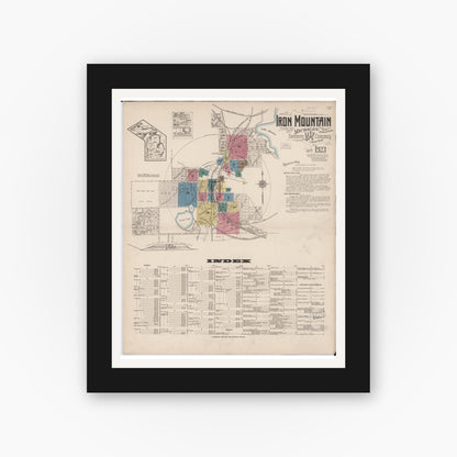 Old map wall art mockup — black gallery frame with white mat — Sanborn Fire Insurance Map from Iron Mountain, Dickinson County, Michigan (1923), Sheet #0001
