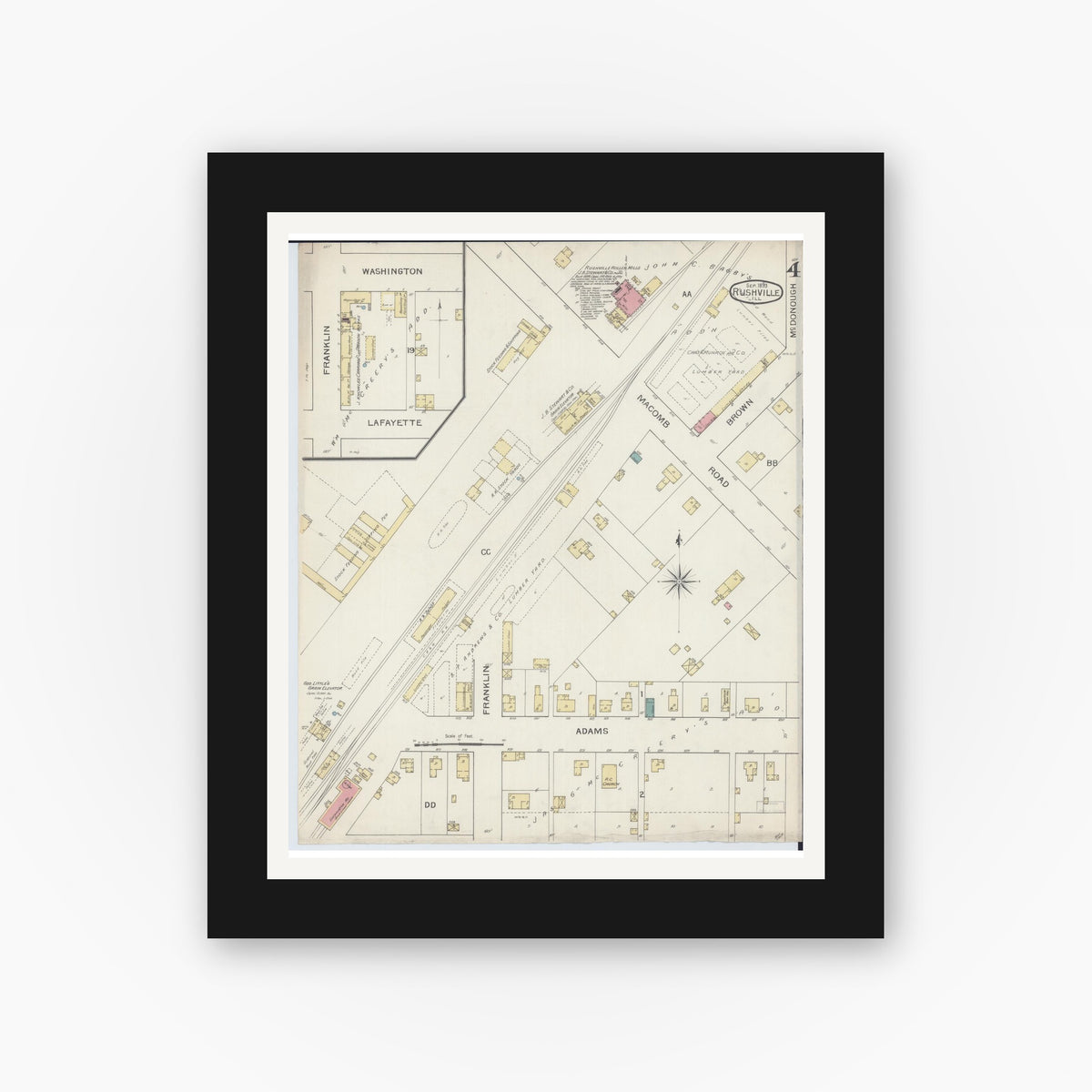 Old map wall art mockup — black gallery frame with white mat — Sanborn Fire Insurance Map from Rushville, Schuyler County, Illinois (1893), Sheet #0004