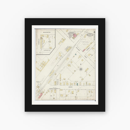Old map wall art mockup — black gallery frame with white mat — Sanborn Fire Insurance Map from Rushville, Schuyler County, Illinois (1893), Sheet #0004