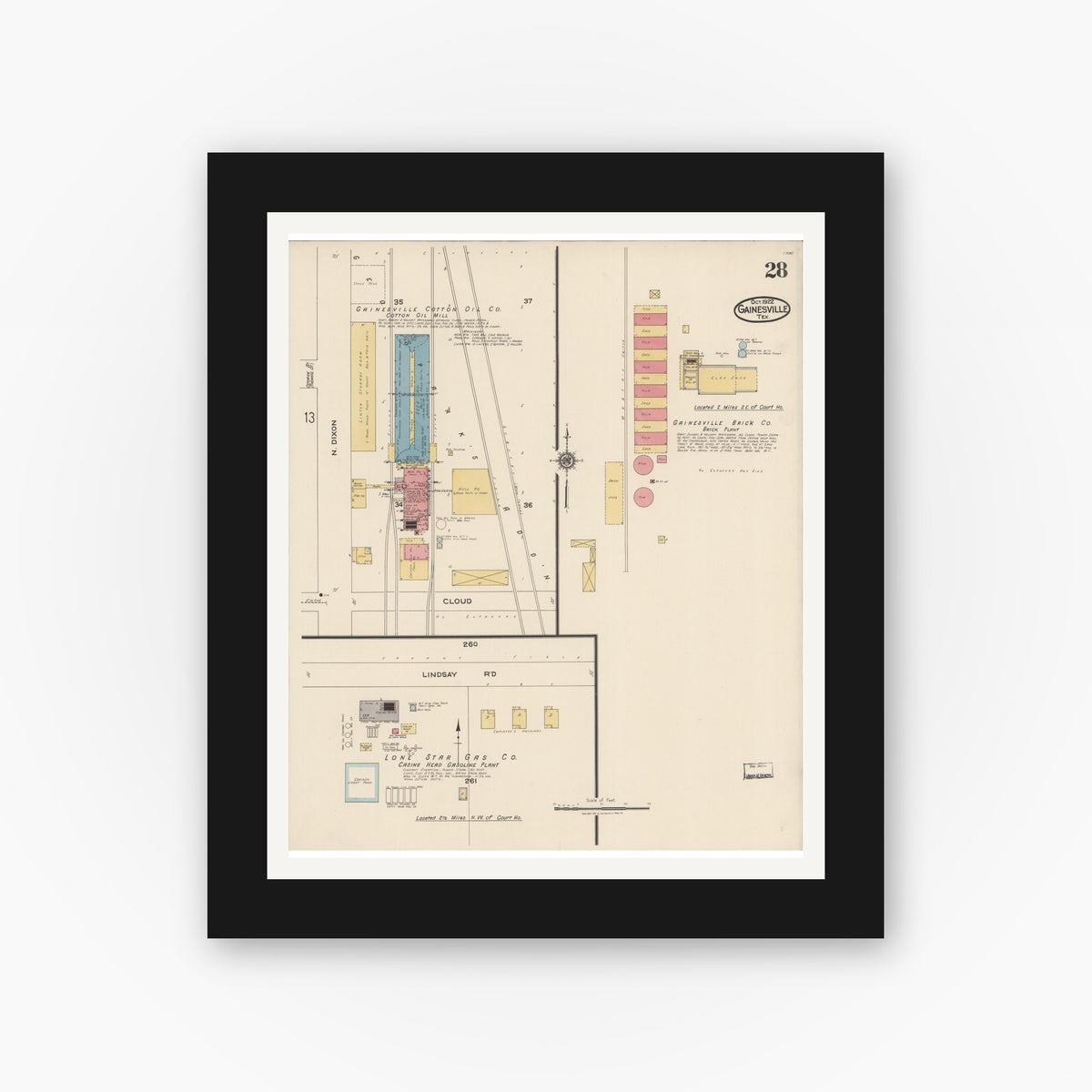 Old map wall art mockup — black gallery frame with white mat — Sanborn Fire Insurance Map from Gainesville, Cooke County, Texas (1922), Sheet #0028