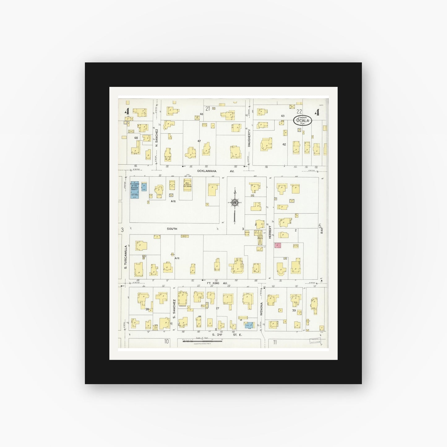 Old map wall art mockup — black gallery frame with white mat — Sanborn Fire Insurance Map from Ocala, Marion County, Florida (1924), Sheet #0004