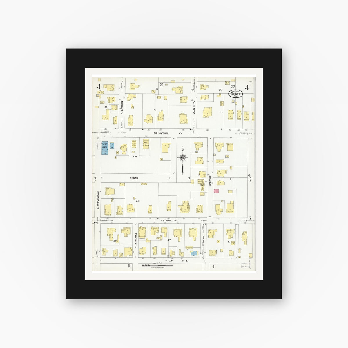 Old map wall art mockup — black gallery frame with white mat — Sanborn Fire Insurance Map from Ocala, Marion County, Florida (1924), Sheet #0004