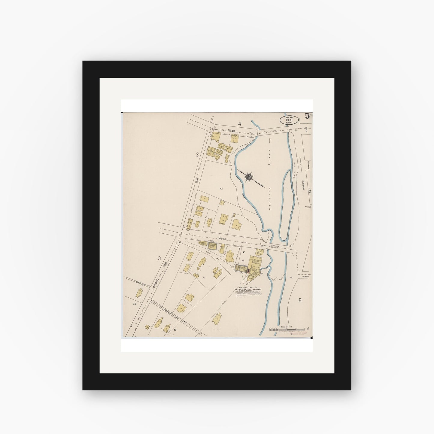 Old map wall art mockup — black gallery frame with white mat — Sanborn Fire Insurance Map from Hilo, Hawaii County, Hawaii (1921), Sheet #0005