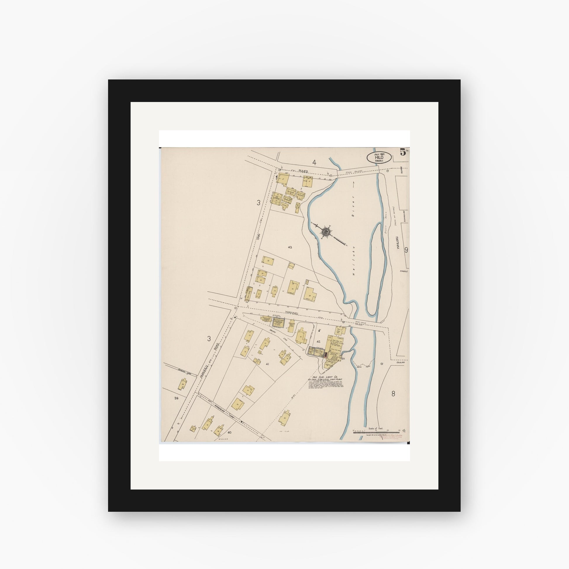 Old map wall art mockup — black gallery frame with white mat — Sanborn Fire Insurance Map from Hilo, Hawaii County, Hawaii (1921), Sheet #0005