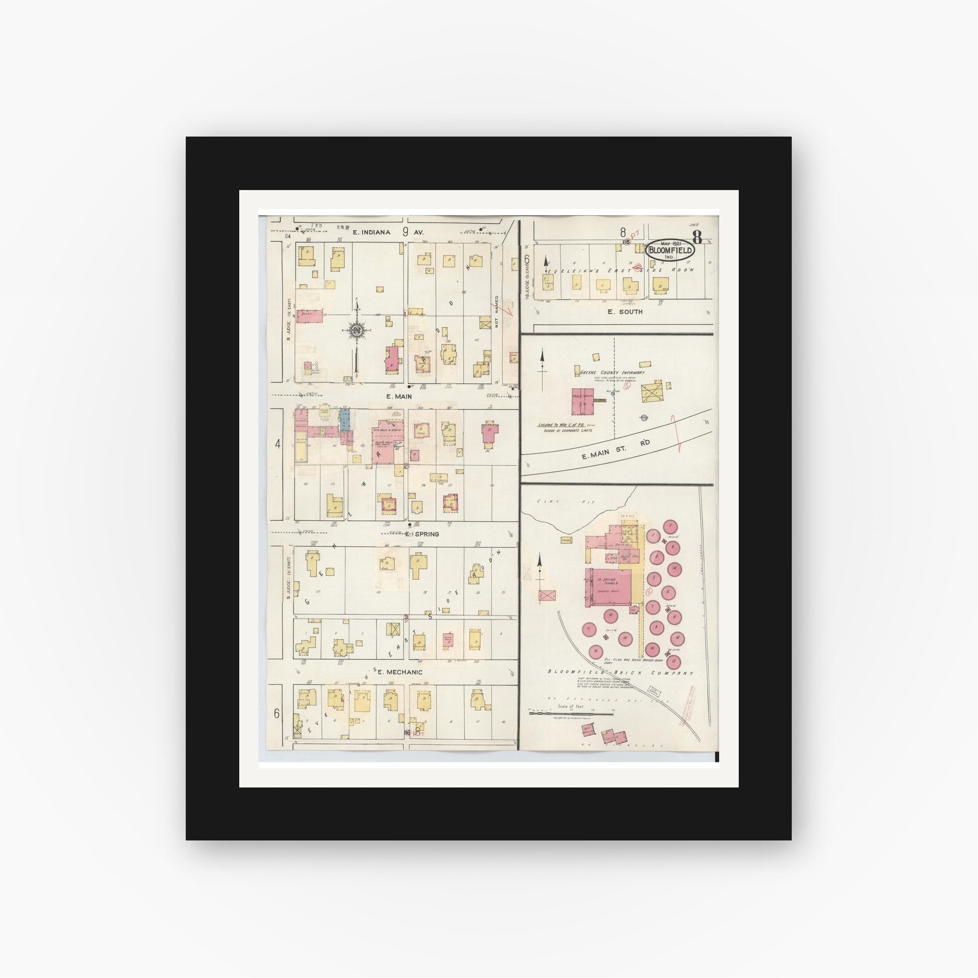 Old map wall art mockup — black gallery frame with white mat — Sanborn Fire Insurance Map from Bloomfield, Greene County, Indiana (1940), Sheet #0008