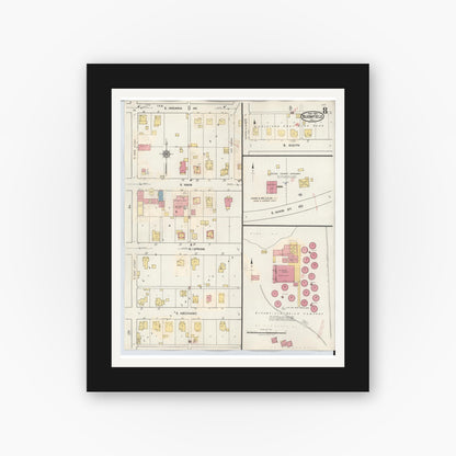 Old map wall art mockup — black gallery frame with white mat — Sanborn Fire Insurance Map from Bloomfield, Greene County, Indiana (1940), Sheet #0008
