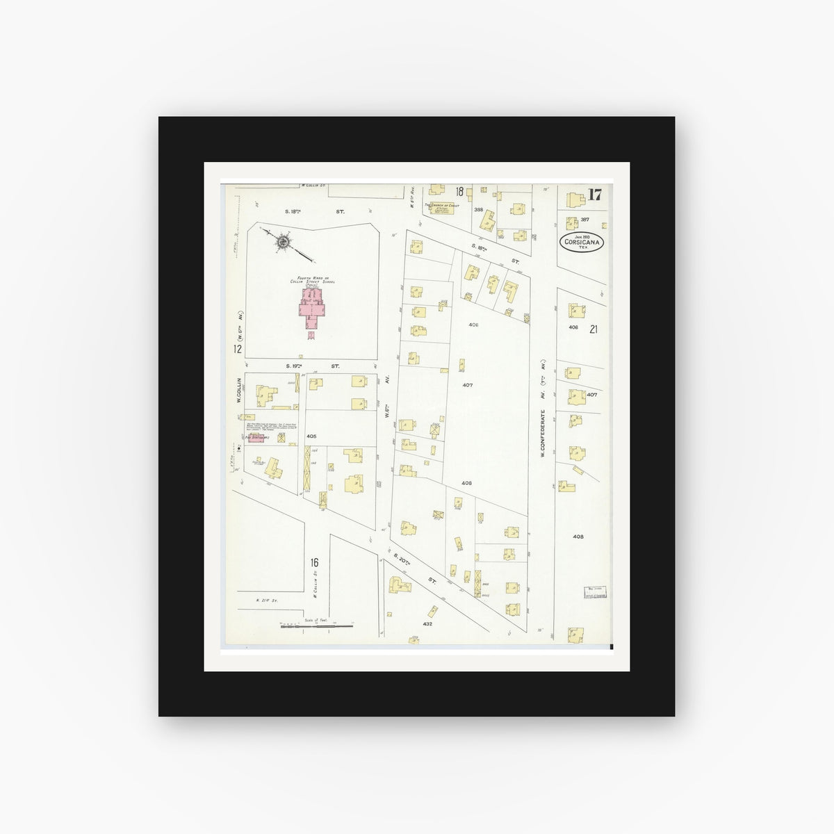 Old map wall art mockup — black gallery frame with white mat — Sanborn Map from Corsicana, Navarro County, Texas (1910), Sheet #0017