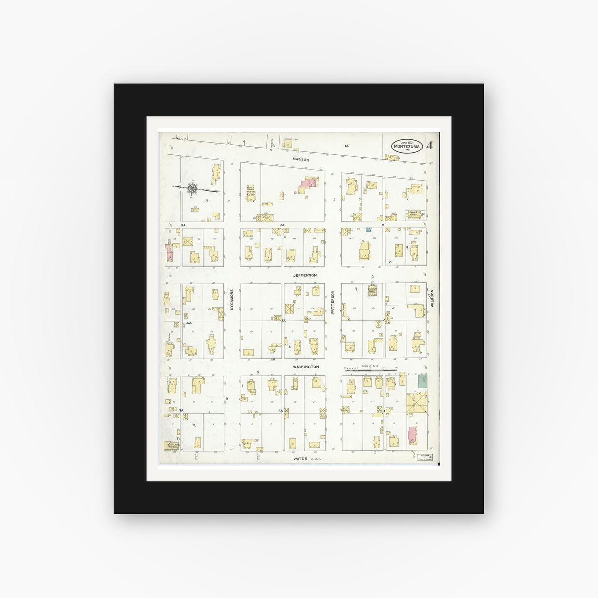 Old map wall art mockup — black gallery frame with white mat — Sanborn Fire Insurance Map from Montezuma, Parke County, Indiana (1910), Sheet #0004