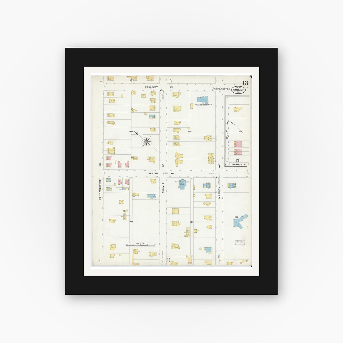 Old map wall art mockup — black gallery frame with white mat — Sanborn Fire Insurance Map from Ambler, Montgomery County, Pennsylvania (1909), Sheet #0013