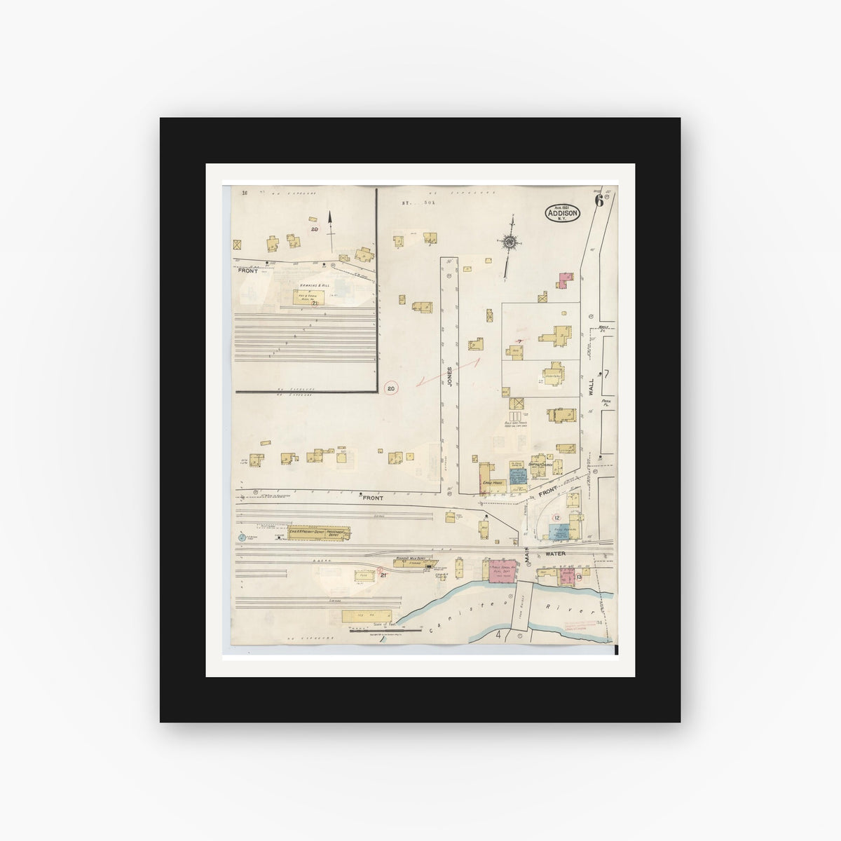Old map wall art mockup — black gallery frame with white mat — Sanborn Fire Insurance Map from Addison, Steuben County, New York (1945), Sheet #0006