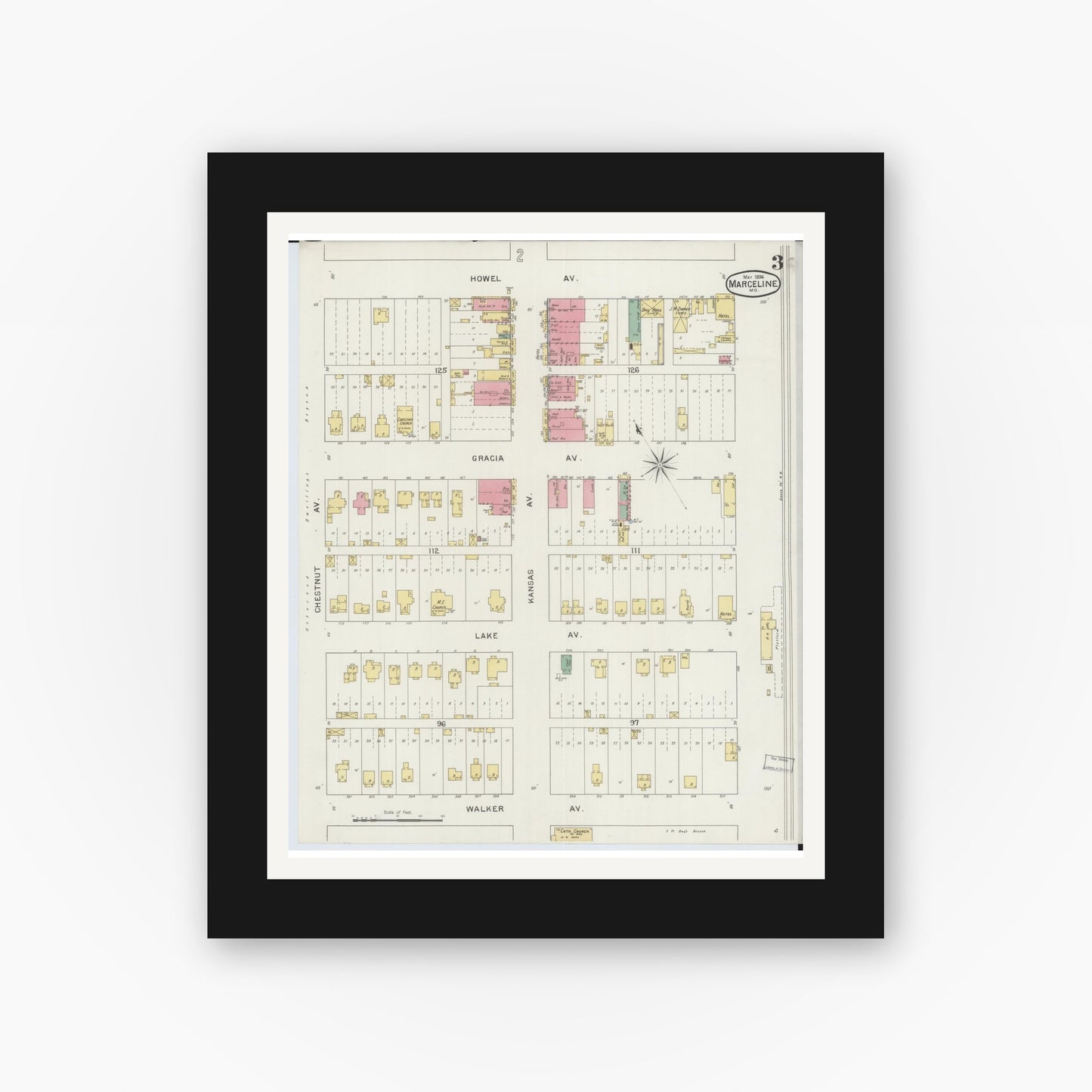 Old map wall art mockup — black gallery frame with white mat — Sanborn Fire Insurance Map from Marceline, Linn County, Missouri (1894), Sheet #0003