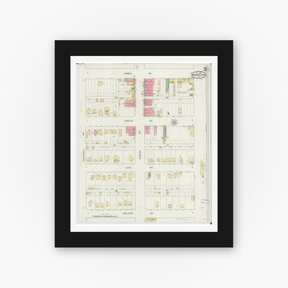 Old map wall art mockup — black gallery frame with white mat — Sanborn Fire Insurance Map from Marceline, Linn County, Missouri (1894), Sheet #0003