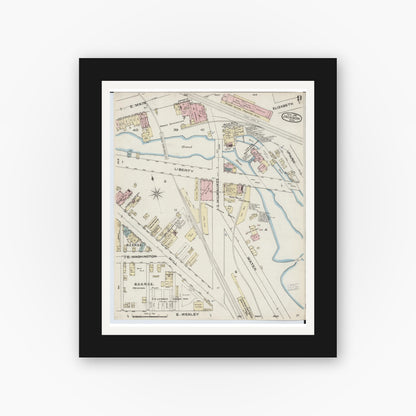 Old map wall art mockup — black gallery frame with white mat — Sanborn Fire Insurance Map from Jackson, Jackson County, Michigan (1886), Sheet #0009