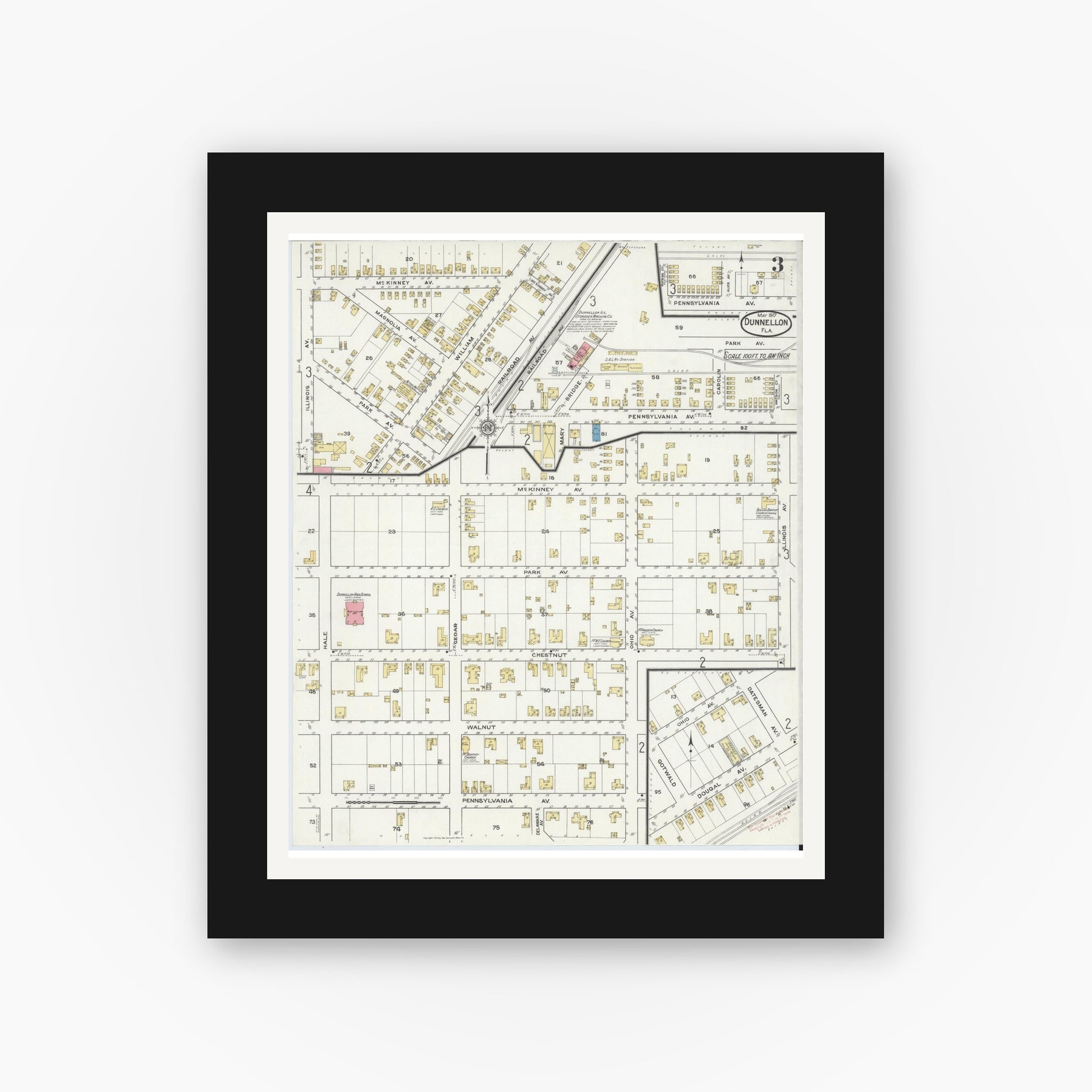 Old map wall art mockup — black gallery frame with white mat — Sanborn Fire Insurance Map from Dunnellon, Marion County, Florida (1917), Sheet #0003