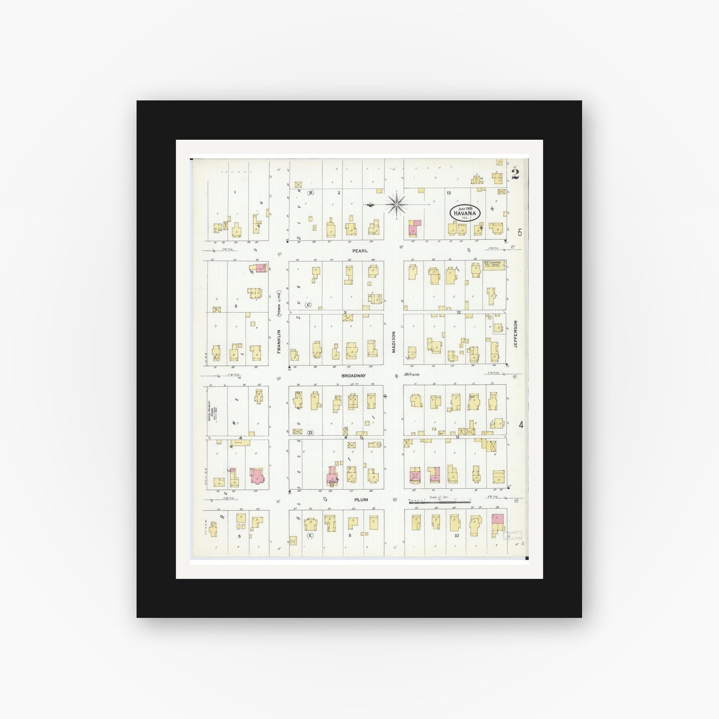 Old map wall art mockup — black gallery frame with white mat — Sanborn Fire Insurance Map from Havana, Mason County, Illinois (1909), Sheet #0002