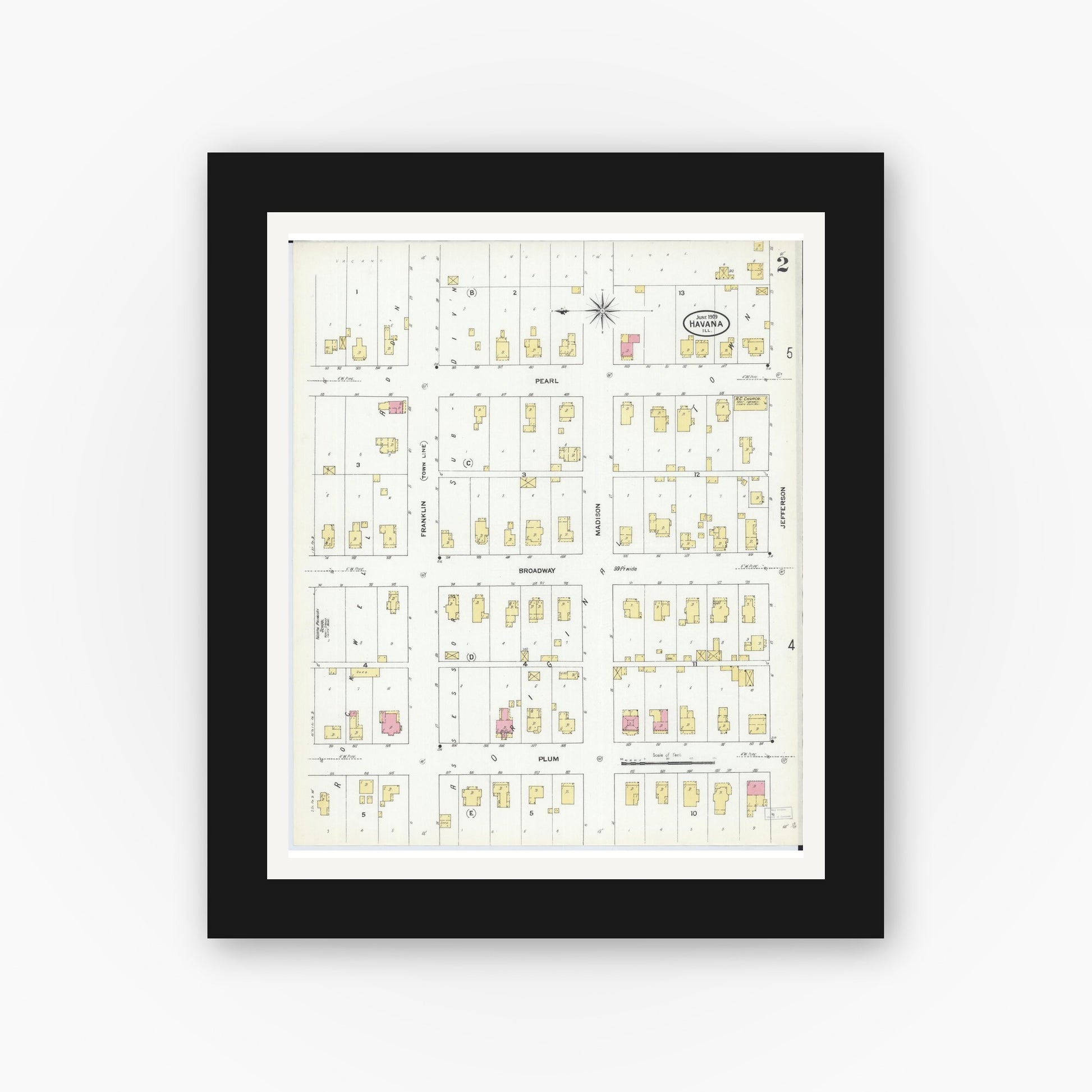 Old map wall art mockup — black gallery frame with white mat — Sanborn Fire Insurance Map from Havana, Mason County, Illinois (1909), Sheet #0002
