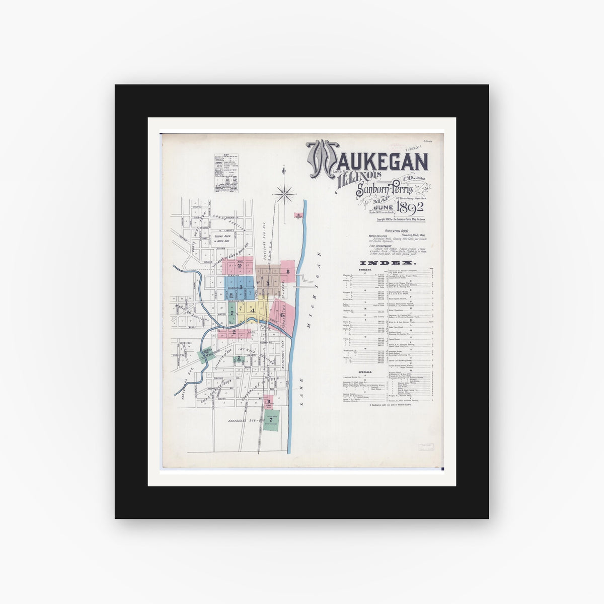 Old map wall art mockup — black gallery frame with white mat — Sanborn Fire Insurance Map from Waukegan, Lake County, Illinois (1892), Sheet #0001