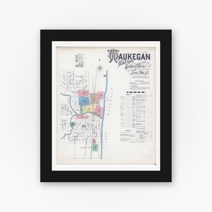 Old map wall art mockup — black gallery frame with white mat — Sanborn Fire Insurance Map from Waukegan, Lake County, Illinois (1892), Sheet #0001
