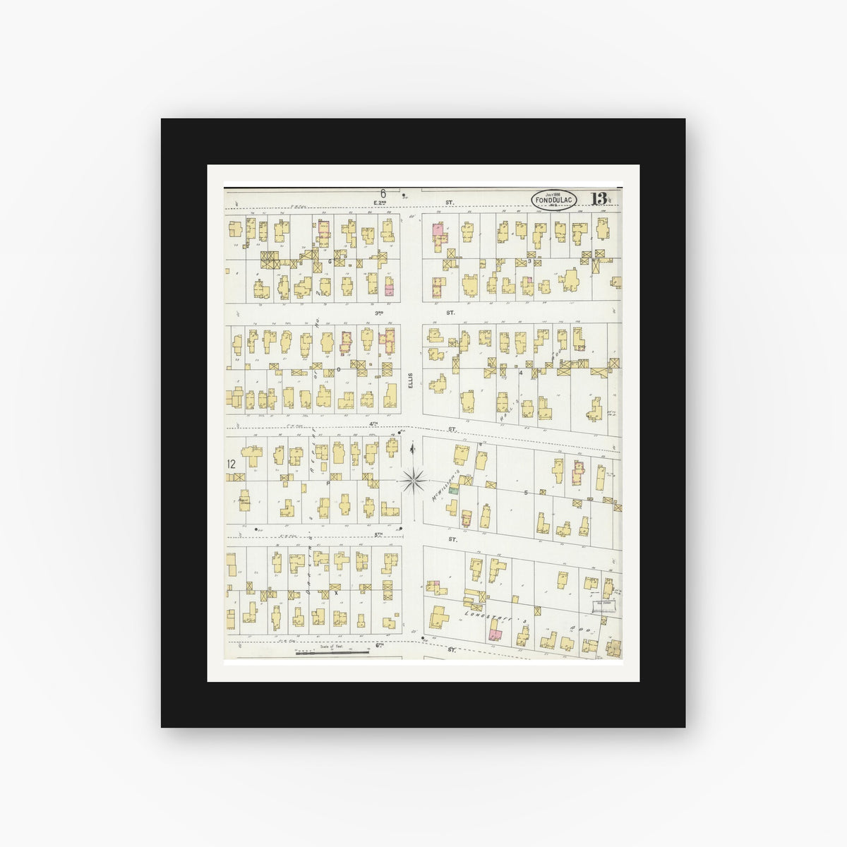 Old map wall art mockup — black gallery frame with white mat — Sanborn Fire Insurance Map from Fond du Lac, Fond du Lac County, Wisconsin (1898), Sheet #0013