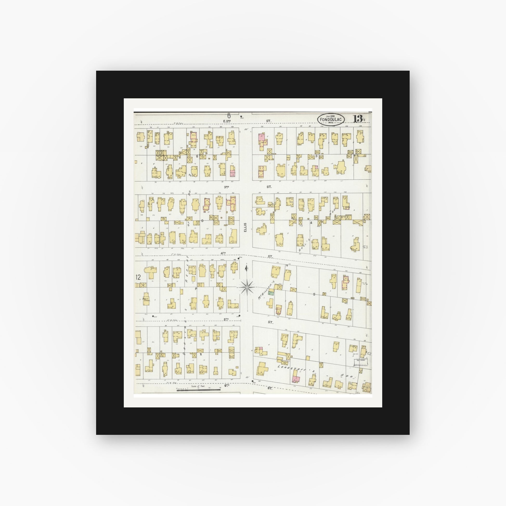 Old map wall art mockup — black gallery frame with white mat — Sanborn Fire Insurance Map from Fond du Lac, Fond du Lac County, Wisconsin (1898), Sheet #0013