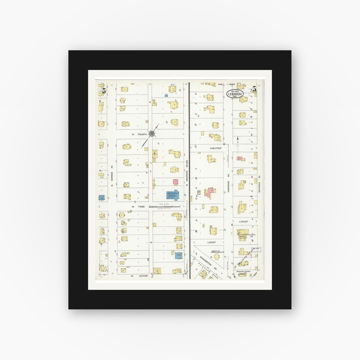 Old map wall art mockup — black gallery frame with white mat — Sanborn Fire Insurance Map from Lebanon, Laclede County, Missouri (1925), Sheet #0005