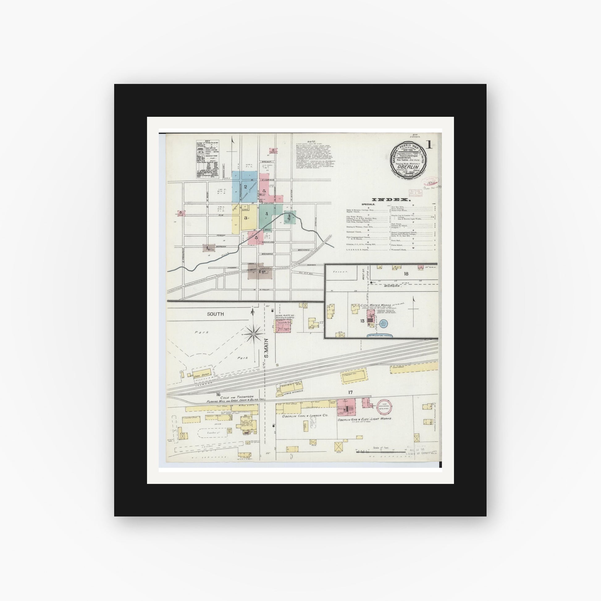 Old map wall art mockup — black gallery frame with white mat — Sanborn Fire Insurance Map from Oberlin, Lorain County, Ohio (1893), Sheet #0001