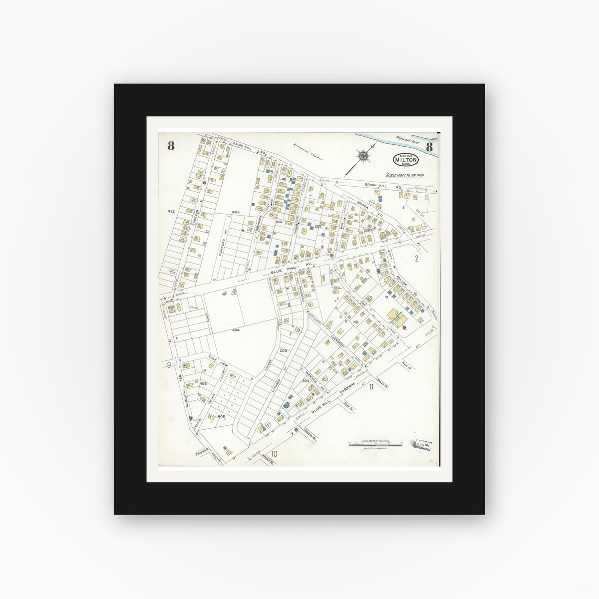 Old map wall art mockup — black gallery frame with white mat — Sanborn Fire Insurance Map from Milton, Norfolk County, Massachusetts (1923), Sheet #0008