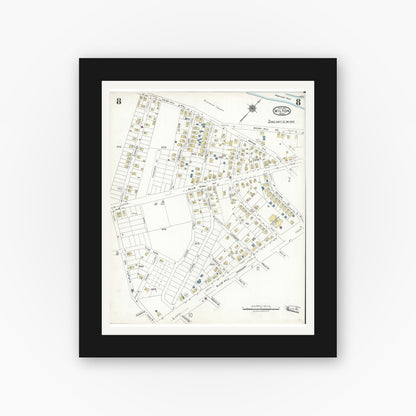 Old map wall art mockup — black gallery frame with white mat — Sanborn Fire Insurance Map from Milton, Norfolk County, Massachusetts (1923), Sheet #0008