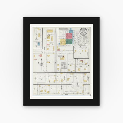 Old map wall art mockup — black gallery frame with white mat — Sanborn Fire Insurance Map from Milford, Kosciusko County, Indiana (1905), Sheet #0001
